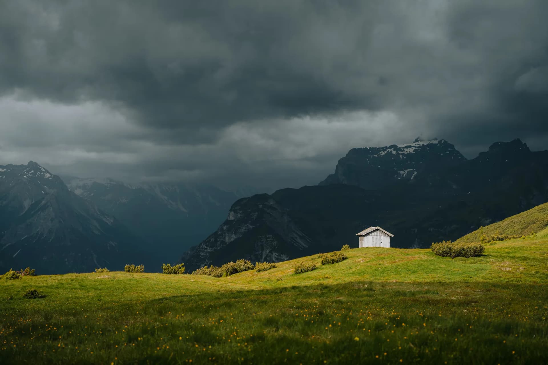 Almwiesen mit Hütte am Blaser vor dramatischer Bergkulisse