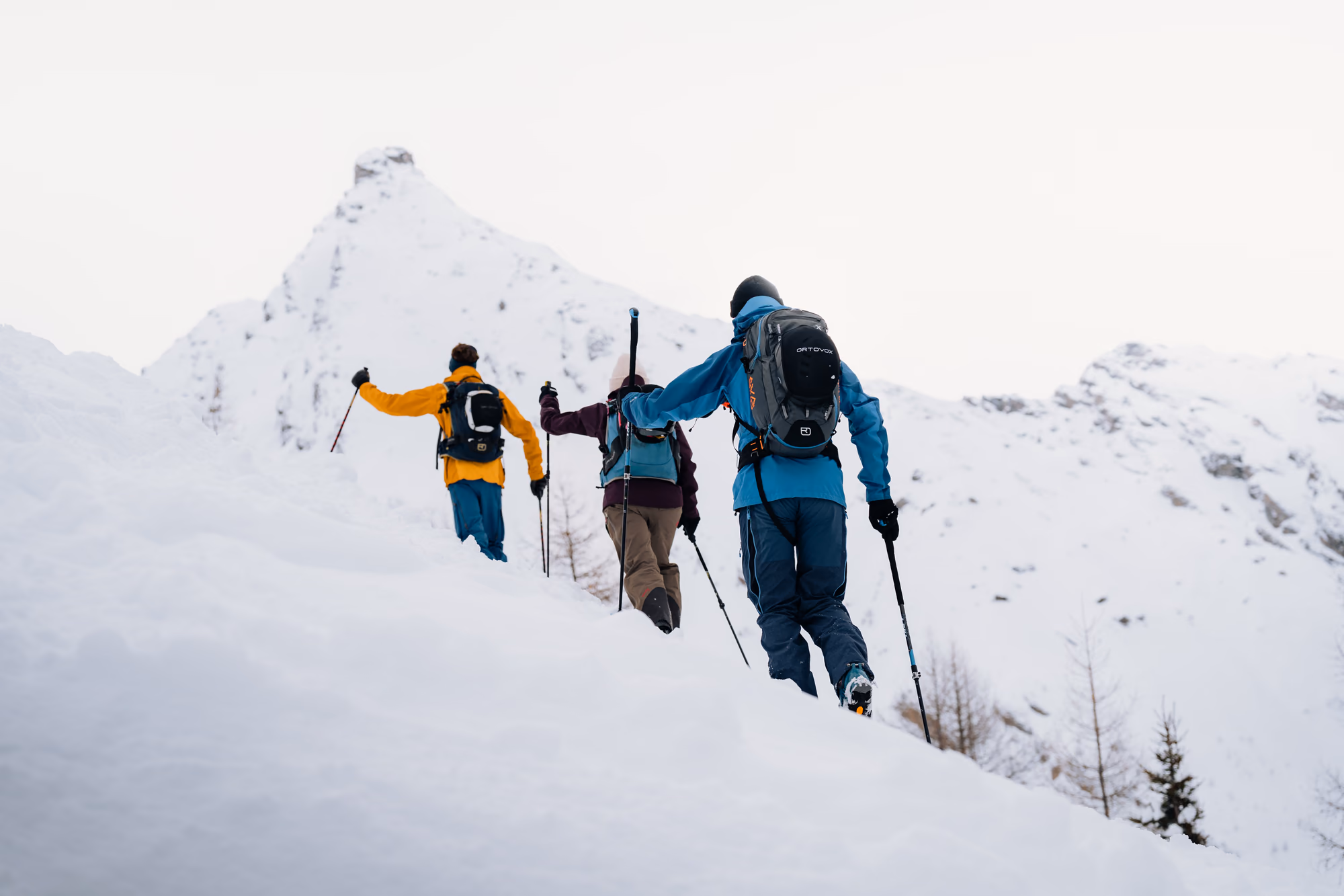 Drei Personen auf Skitour steigen im Schmirntal über einen verschneiten Rücken Richtung Gipfel auf