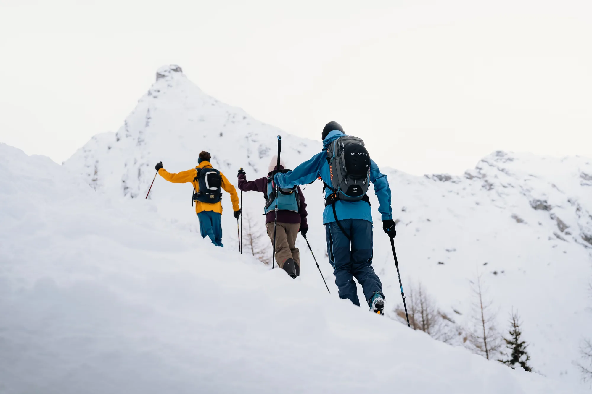 Drei Personen auf Skitour steigen im Schmirntal über einen verschneiten Rücken Richtung Gipfel auf