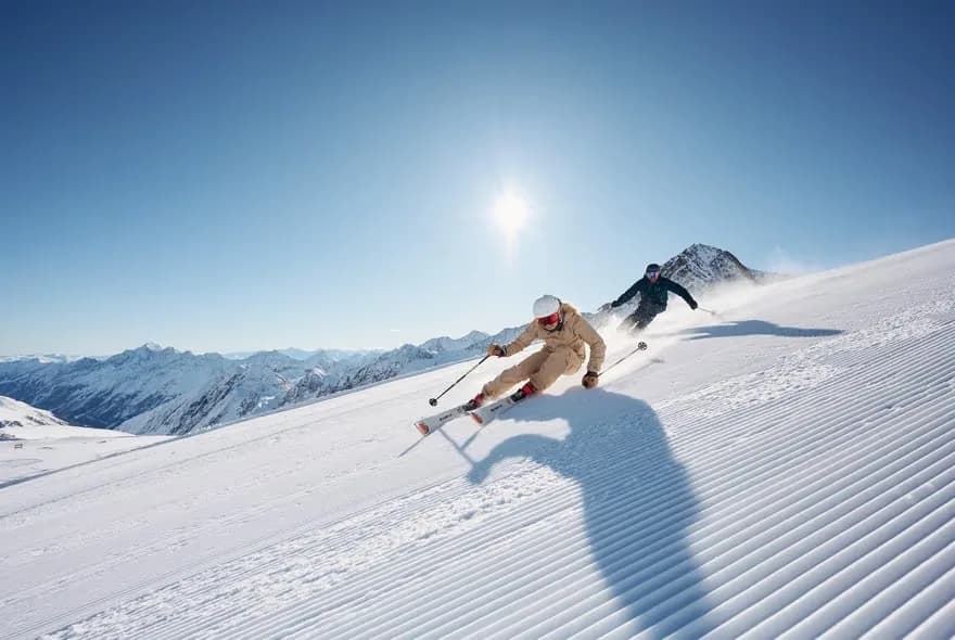 Skifahrer auf frisch präparierter Piste am Stubaier Gletscher