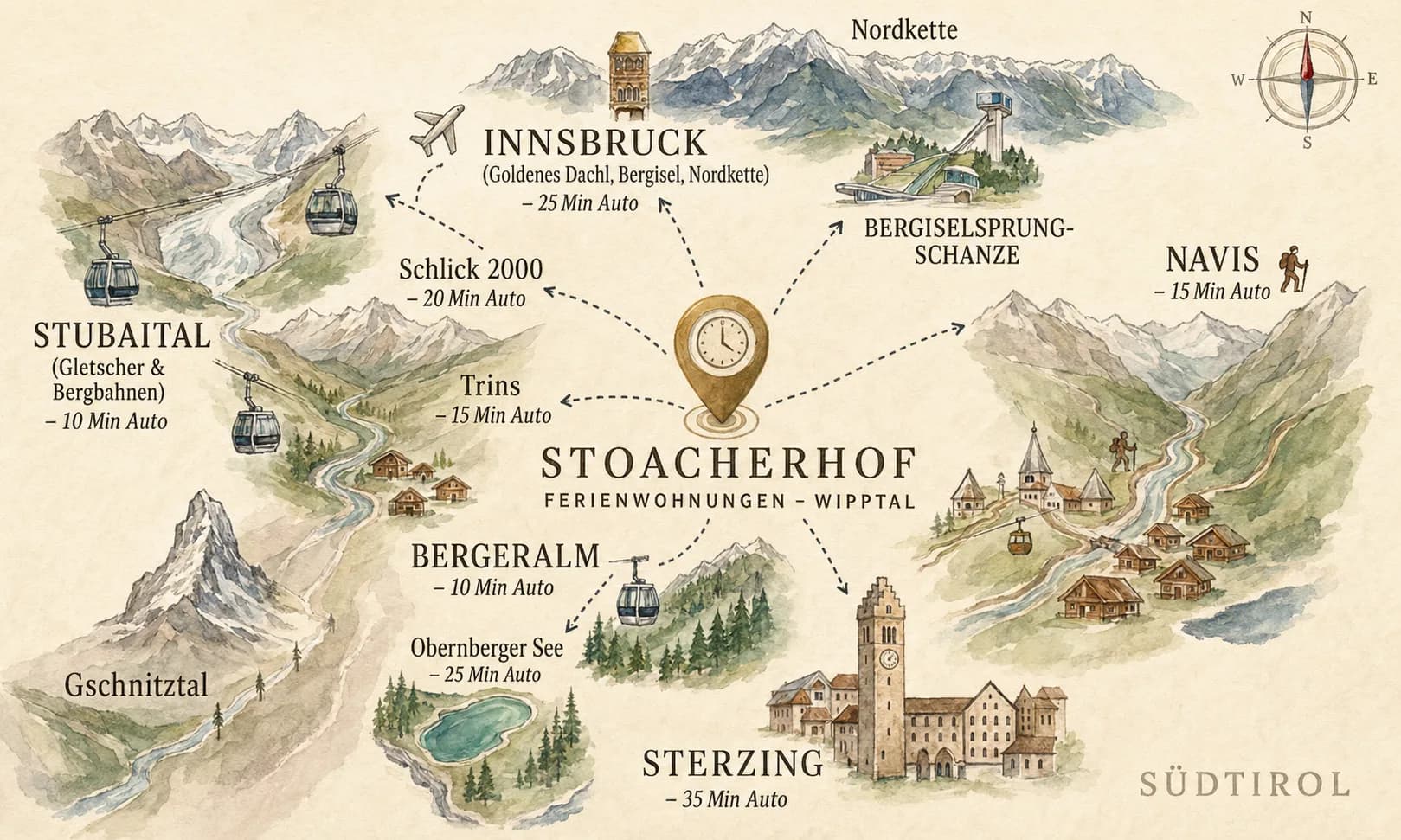 Illustrierte Umgebungskarte: der Stoacherhof zwischen Innsbruck, Stubaital, Wipptal und Sterzing